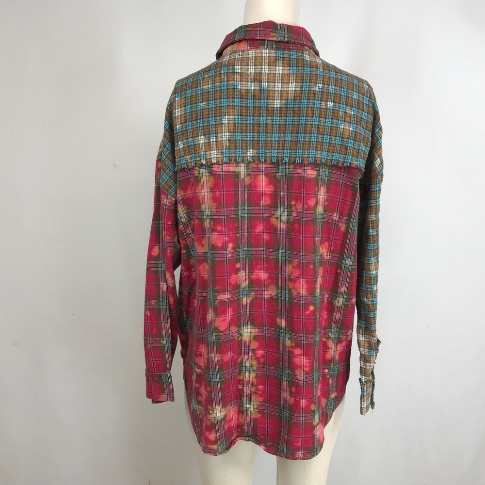 ODDY Women's Patchwork Bleached Plaid Flannel Shi… - image 5
